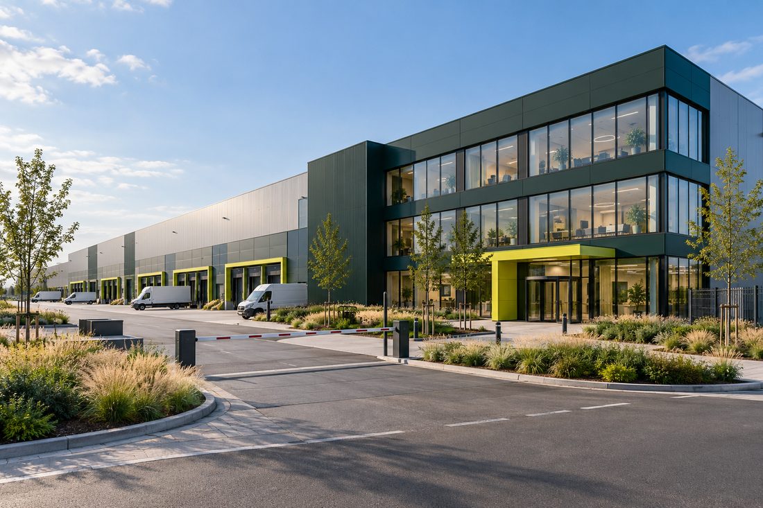 Centre logistique moderne aux accents vert citron, avec quais de chargement et utilitaires